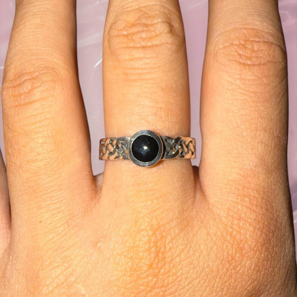 Y2K Goth 925 Sterling Silver Black Onyx Protection Braided Ring Fine Jewelry